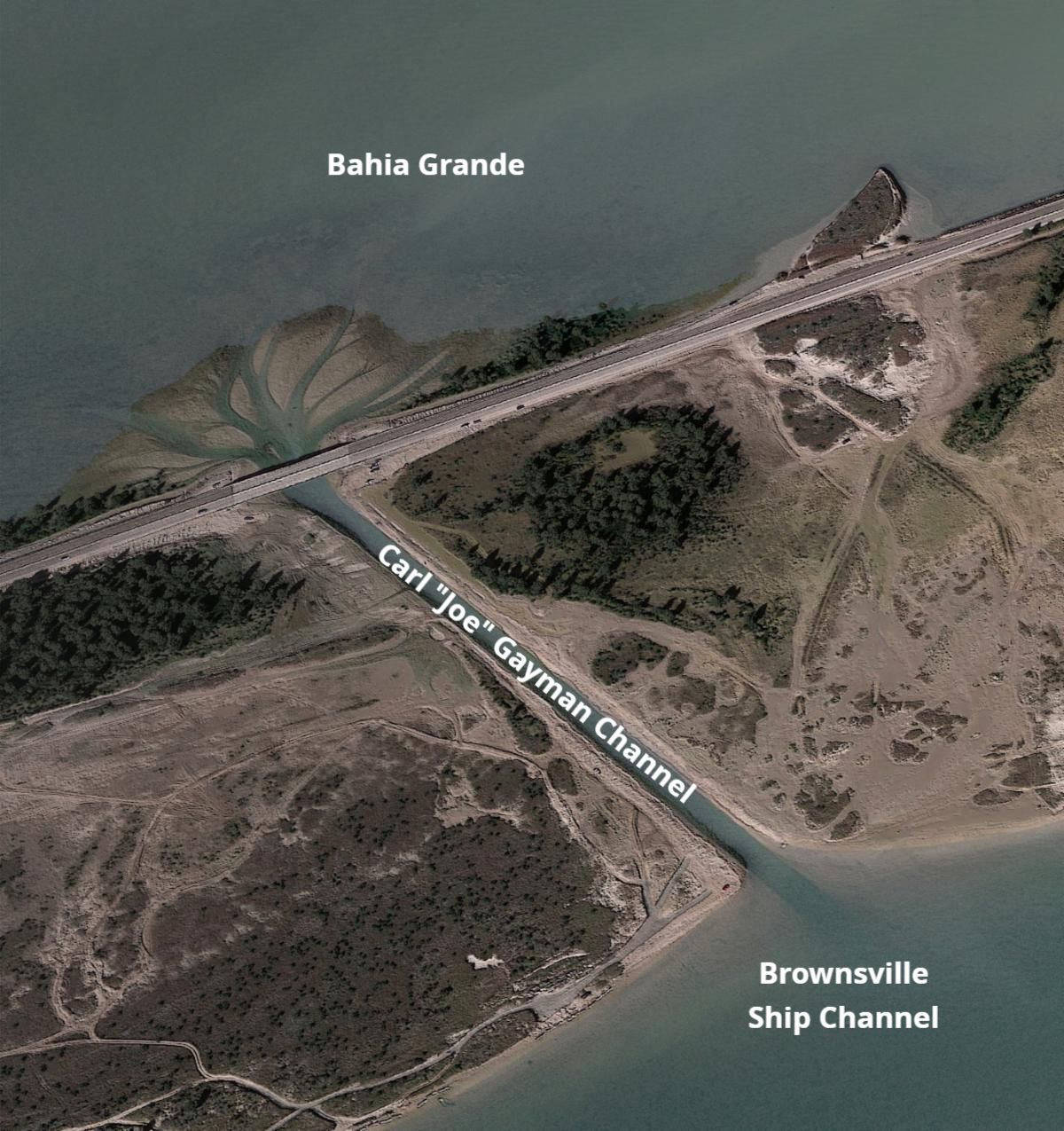 This Google Maps aerial photo shows the Carl “Joe” Gayman channel connecting the Bahia Grande with the Brownsville Ship Channel. This channel will be widened from its existing 34-foot width to 250 feet, providing much more natural tidal exchange and ecological growth in the Bahia Grande.