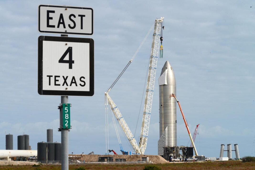 SpaceX crew rollout their newest prototype the SN9 Starship onto their Boca Chica, Texas Launch Site along Texas State Highway 4 Tuesday. (Miguel Roberts/The Brownsville Herald)